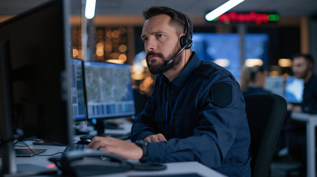 Emergency Dispatcher: A focused emergency dispatcher, wearing a headset and looking intently at multiple computer screens, works in a dimly lit operations center.