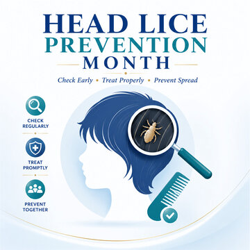 Head Lice Prevention Month concept with magnifying glass, lice insect, and hair check illustration