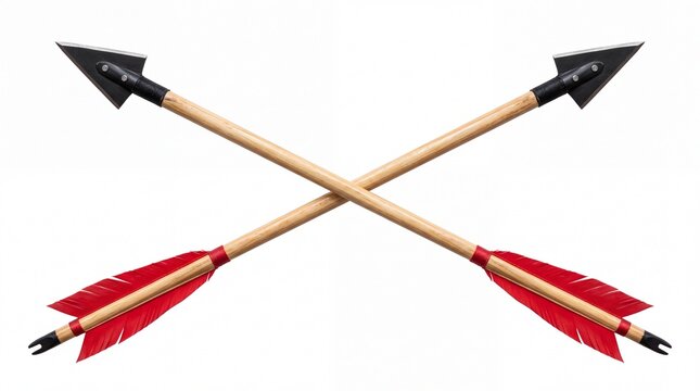 Crossed hunting arrows with sharp metal broadheads and bright red fletching isolated on white background