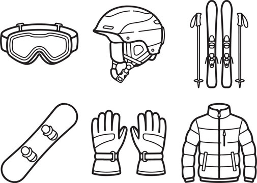 Minimalist winter sports equipment icons, black and white ski gear vector set, 6 line art snowboarding and skiing accessories