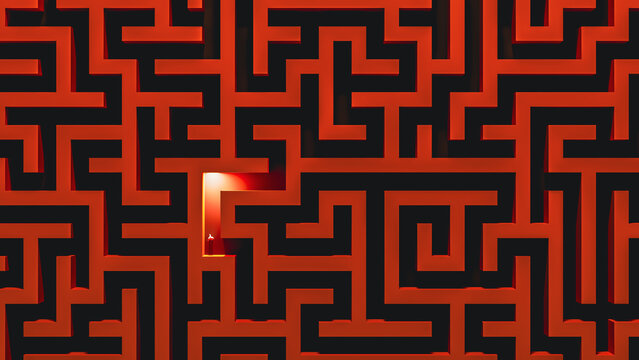 Glowing maze man concept shows silhouette navigating bright path