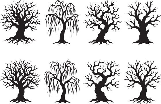 Spooky dead tree silhouettes, set of 8 bare winter tree vectors. Creepy gnarled branches and leafless oak shapes for Halloween design.