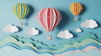 Obraz premium Colorful paper art hot air balloons over clouds and waves