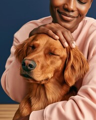 Obraz premium Smiling person gently pets a content golden retriever in a close-up portrait showing affection and bond