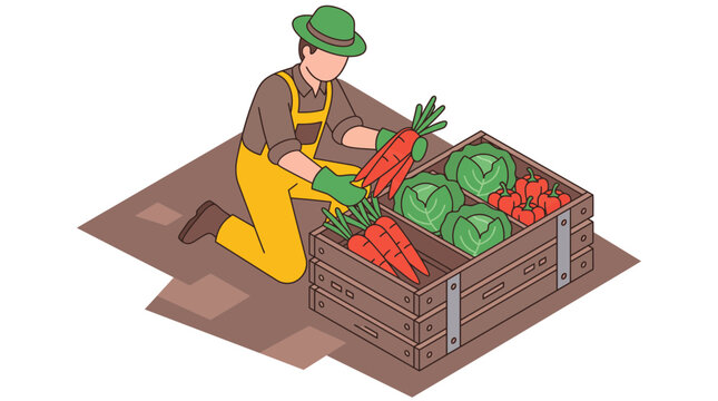 Isometric vector illustration of a male farmer harvesting fresh organic vegetables like carrots and cabbage into a wooden crate on a farm, concept of local agriculture and healthy food production.