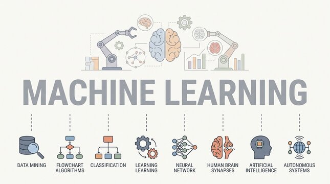 Machine Learning Infographic Illustrating Algorithms, Neural Networks, and Human Brain Intelligence Systems