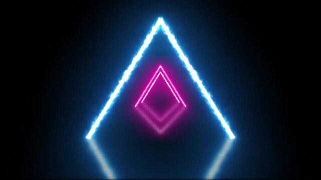 Glowing magenta blue neon triangle tunnel loop. Electric synthwave portal motion graphic background. Cyberpunk geometric laser beam corridor.