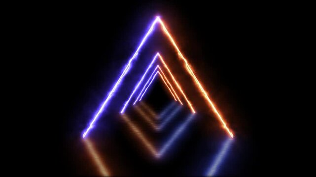 Electric blue orange neon triangle tunnel loop. Glowing fiery energy portal motion background. Futuristic cyber geometric light corridor.