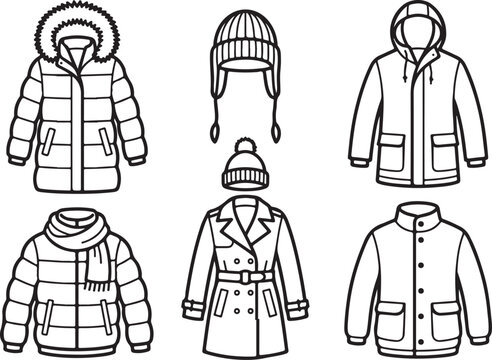 Winter clothing line art icons, seasonal outerwear vector set, puffer jackets and coats illustrations for retail catalogs
