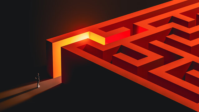 Glowing maze entrance with silhouette of man facing a challenge