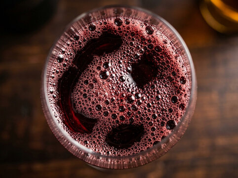 Top view of a glass of red wine with bubbles on the surface on a rustic dark wooden table background