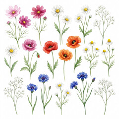 Fototapeta premium Watercolor wildflower botanical set with poppy daisy and cornflower for spring floral design