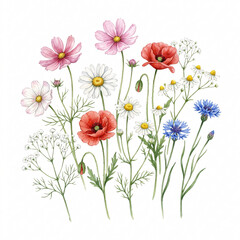 Fototapeta premium Watercolor wildflowers including poppy and daisy bloom in a summer garden for botanical design.