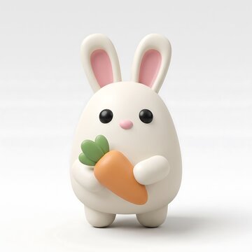 3D Cute white bunny rabbit holding a fresh orange carrot with green leaves chubby bunny white animal pink ears