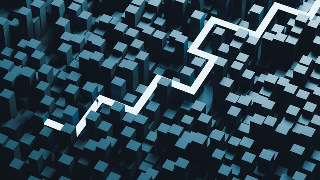 Abstract city path navigation concept with silhouette in cubes