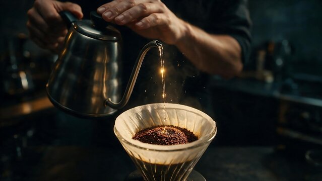 Close up of a barista pouring hot water from a kettle onto ground coffee in a drip filter
