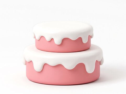 3D Two tier pink birthday cake with white frosting drips isolated on a white background layered cake party