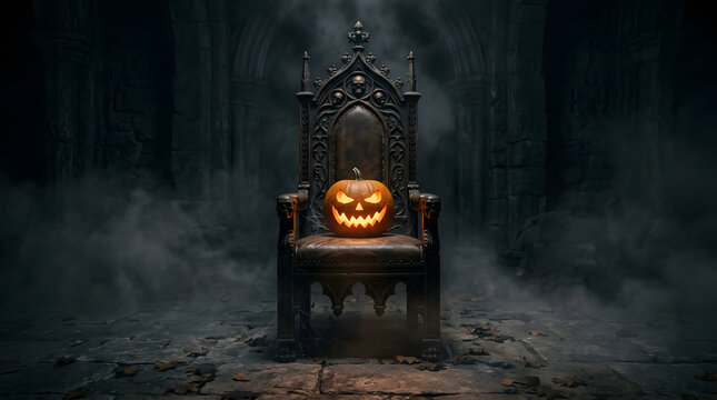 Gothic carved wooden throne with glowing jack-o-lantern, dark medieval castle interior, spooky autumn pumpkin decoration, haunting horror atmosphere