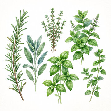 Watercolor botanical illustration of fresh culinary herbs for kitchen and cooking ingredients