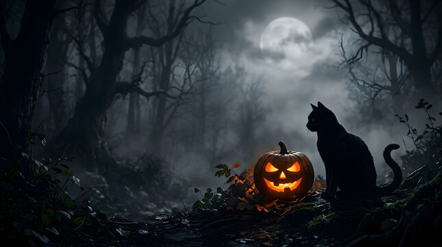 Spooky Halloween Jack-O-Lantern glowing with black cat silhouette in foggy forest night, scary full moon, haunted woods isolated on White Background Happy Halloween
