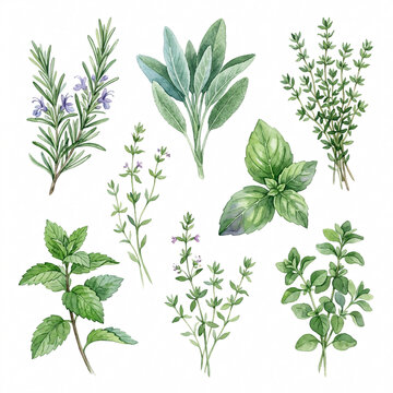 Watercolor collection of fresh culinary herbs including rosemary basil and thyme