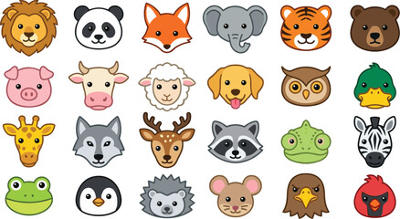 Fototapeta premium Cute cartoon animal faces icon set featuring lion, panda, fox, elephant, tiger, bear, farm animals, and wild wildlife vector illustrations.