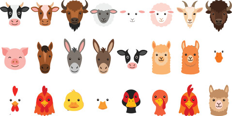 Fototapeta premium Cute cartoon farm animals and domestic livestock avatars vector set featuring happy cow pig sheep chicken horse and alpaca faces collection