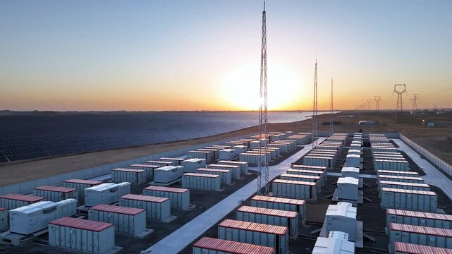 rows of battery energy storage containers at sunset