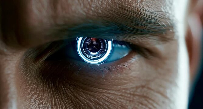 Futuristic man's eye with a holographic digital interface scanning and processing information. Bionic implant technology for identification, surveillance, augmented reality and network connection