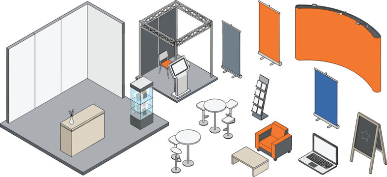 Isometric Exhibition Trade Show Booth Element Set with Rollup Banners Counters Display Racks Tables and Event Furniture Icons