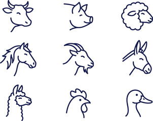Fototapeta premium Farm animal head thin line icons vector set featuring minimalist livestock profiles including cow pig sheep horse goat duck symbols collection