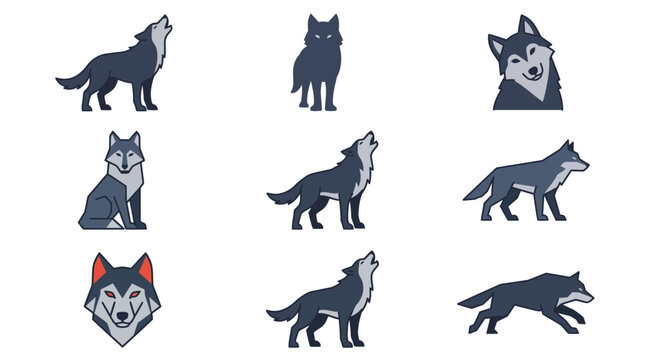 Minimalist geometric wolf icon set featuring howling, sitting, and running poses. Clean triangle-based vector design for wildlife logos, canine mascots, and modern nature graphic resources.