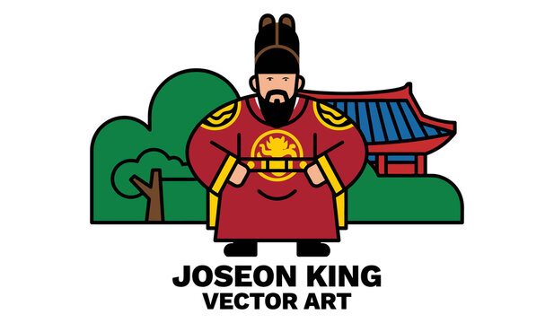 Cartoon illustration of a joseon dynasty king wearing traditional royal robes and a crown, standing in front of a palace building and trees, flat vector design isolated on transparent background