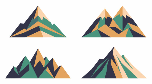 Minimalist geometric mountain peak collection featuring flat design summit variations for travel icons and alpine branding elements.