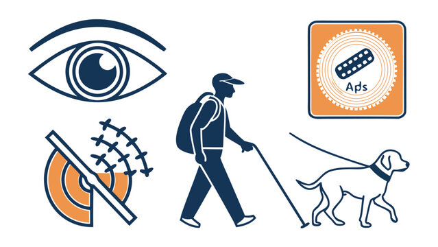 Visual impairment concept with eye, braille, blind person walking with cane, guide dog and APS accessible pedestrian signal for mobility and safety