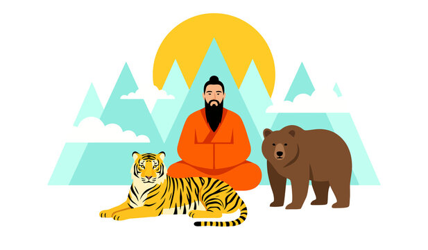 A wise monk meditating in a lotus position with a tiger and a bear in front of a mountain landscape with a bright yellow sun in a flat vector illustration style isolated on transparent background