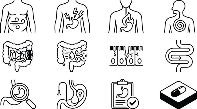 Gastroenterology and digestive system illness line icon set featuring bloating, heartburn, stomach ache, endoscopy, colon cancer, and capsule medication vectors.