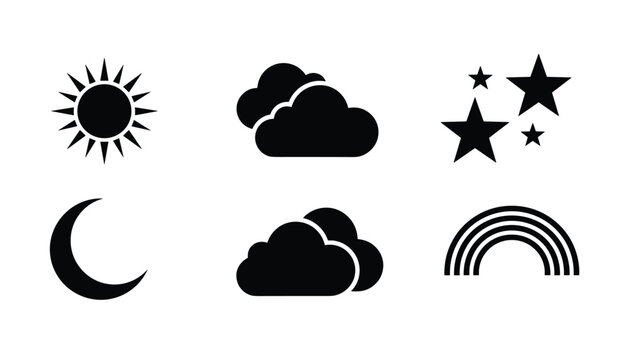 Set of six black weather icons representing different sky conditions from sunny days to starry nights on white background.