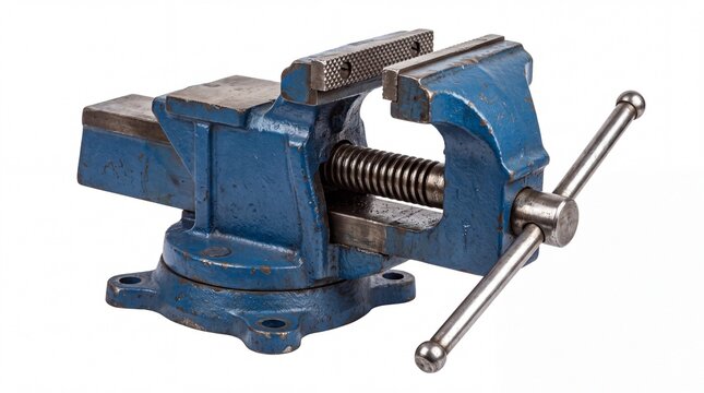 Heavy duty blue metal bench vise clamp for secure workshop tasks displayed on white background