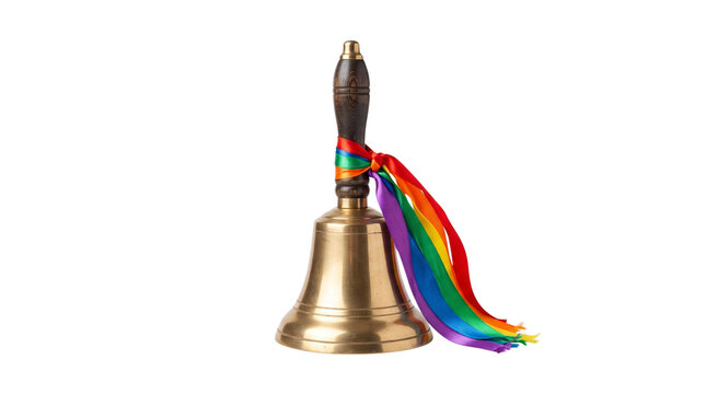 Shiny brass hand bell featuring wooden handle tied with colorful vibrant rainbow ribbons against white background