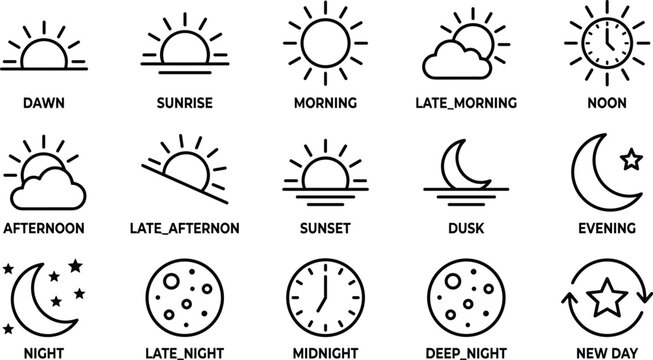 Time of day cycle and daily routine thin line icons vector set featuring sun moon and clock scheduling symbols collection