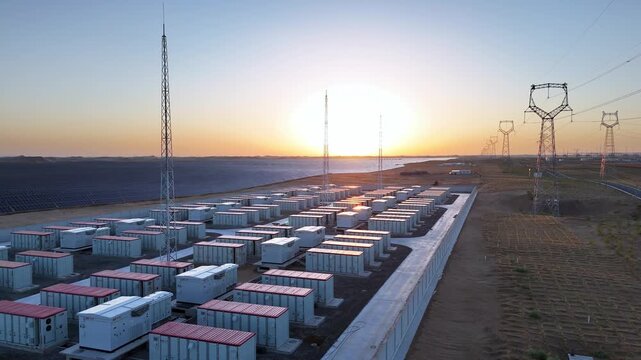 rows of battery storage containers at sunset in energy power station