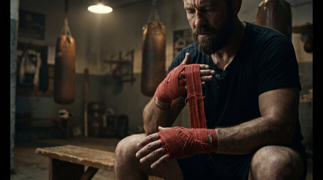 Gritty professional boxer wraps his hands with red bandages in a dimly lit boxing gym. Detailed stock photography highlighting intense preparation and sports dedication.