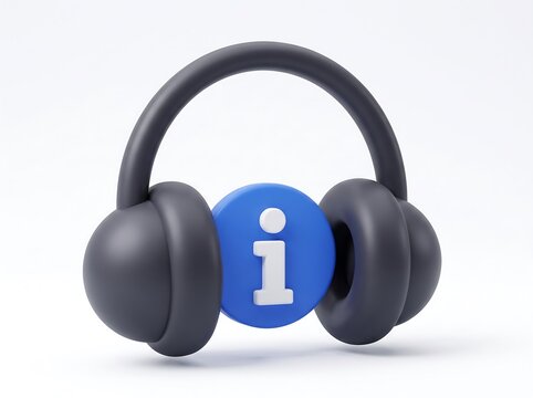 3D render of black headphones with a blue info symbol disc audio support information icon customer service