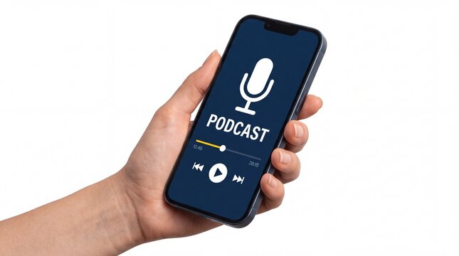 Person holding modern smartphone displaying podcast streaming application interface with dark theme on white background