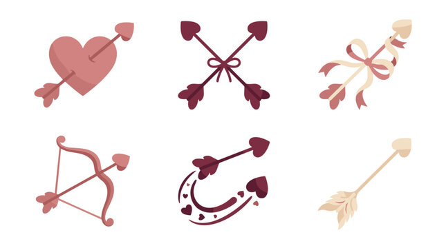 Collection of romantic love symbols including hearts arrows and cupid illustrations