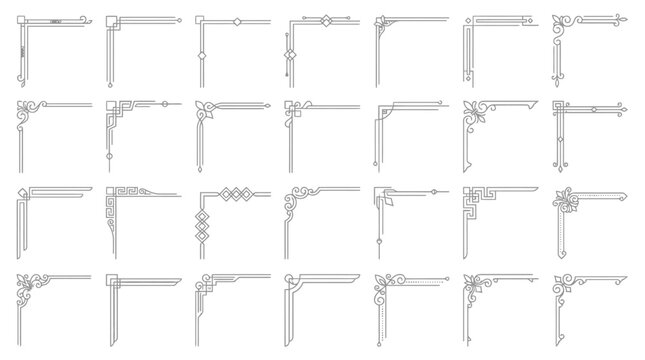 Vintage Art Deco corner borders, 28 geometric frame elements, elegant line art ornaments for wedding invitations and certificate design