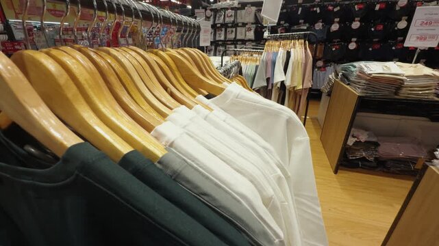 Clothing retail store displaying multiple racks of t shirts on wooden hangers, creating an organized fashion shopping environment with various apparel options for sale