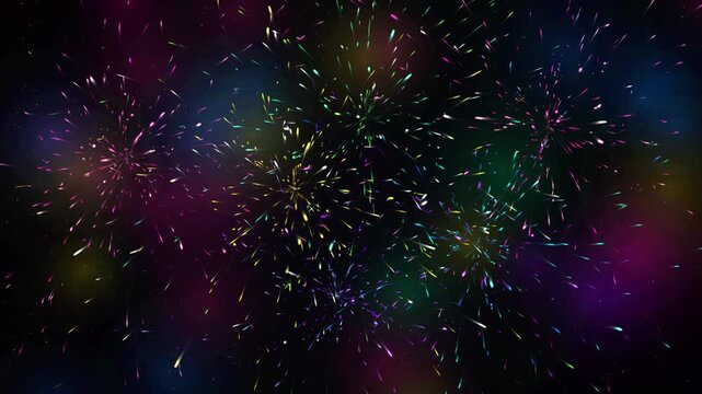 Vibrant multicolored fireworks display background, festive night celebration motion abstract glowing particle explosion for events