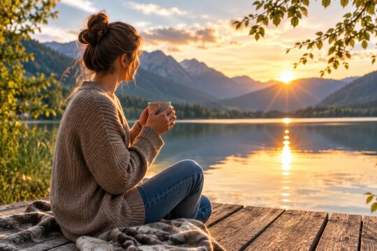 Digital Detox am See: Junge Frau sitzt mit einer Tasse am Wasser und blickt in den Sonnenuntergang. Entschleunigung, Ruhe und bewusste Offline-Zeit in idyllischer Bergnatur.